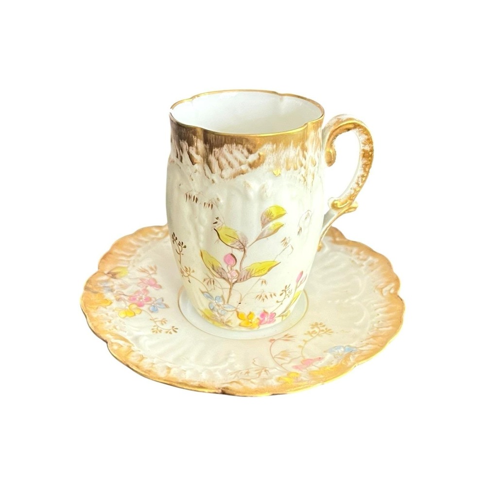 Antique M Redon Limoges Hand Painted Porcelain Demitasse Cup and Saucer ca 1880s